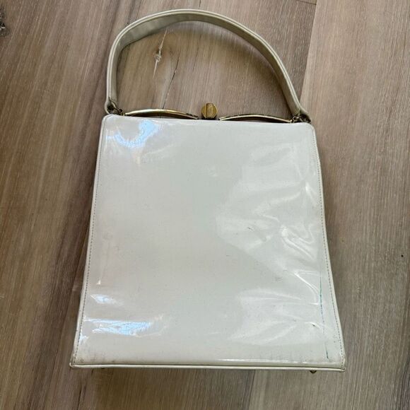 Vintage 1960s White Leather Retro Top Handle Bag Clutch Clasp Lock Made in USA - Picture 1 of 10